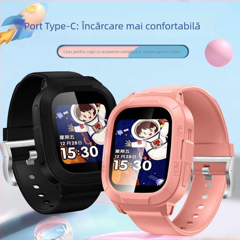 Ceas inteligent pentru copii cu slot SIM, ecran TFT 1.44", baterie 450 mAh, rezistent la apă, cameră pentru fotografii și apeluri video