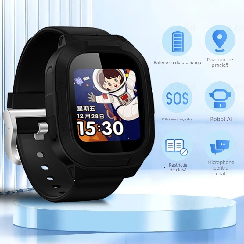 Ceas inteligent pentru copii cu slot SIM, ecran TFT 1.44", baterie 450 mAh, rezistent la apă, cameră pentru fotografii și apeluri video