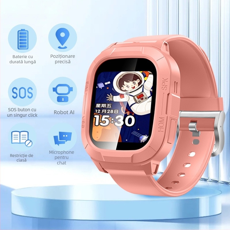 Ceas inteligent pentru copii cu slot SIM, ecran TFT 1.44", baterie 450 mAh, rezistent la apă, cameră pentru fotografii și apeluri video