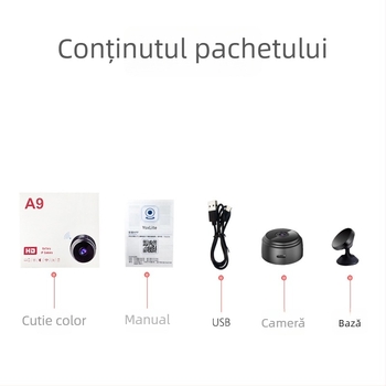 A9 cameră WiFi pentru securitate, 1080P, obiectiv 3.6mm, iluminare minimă 0.005 lx, vedere pe timp de noapte IR până la 1 m