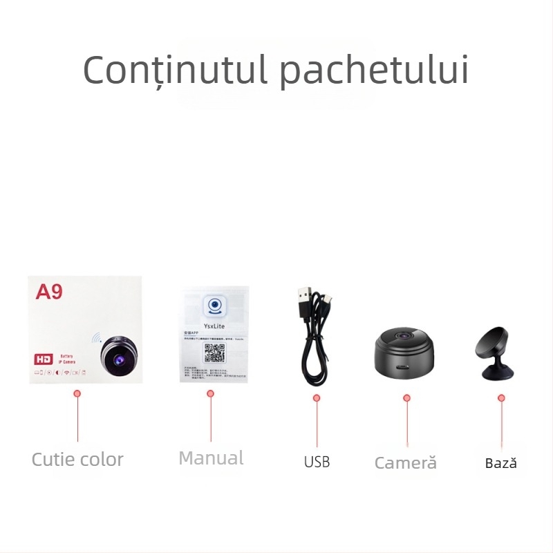 A9 cameră WiFi pentru securitate, 1080P, obiectiv 3.6mm, iluminare minimă 0.005 lx, vedere pe timp de noapte IR până la 1 m