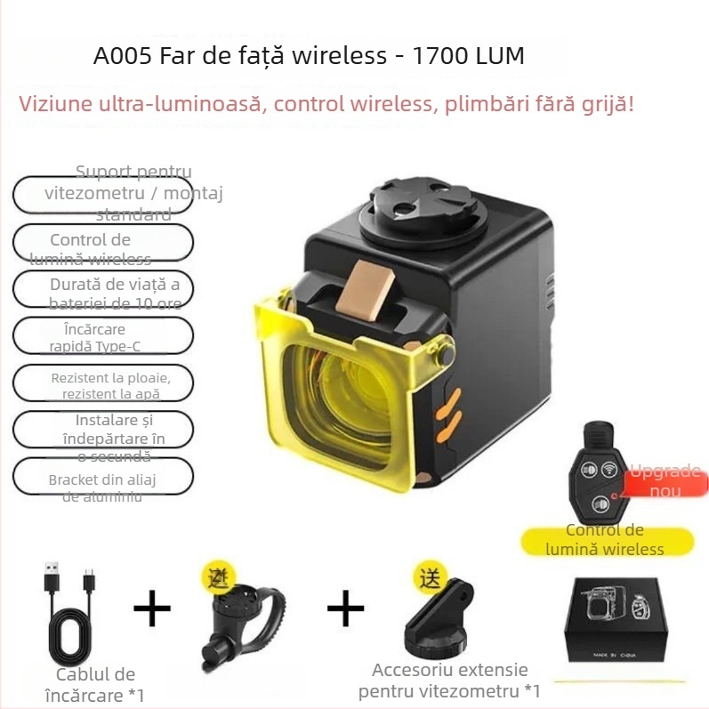 Lumină pentru bicicletă pentru noapte, cu fascicul înalt/joasă, baterie de 3600mAh, telecomandă Bluetooth fără fir, montaj suspendat