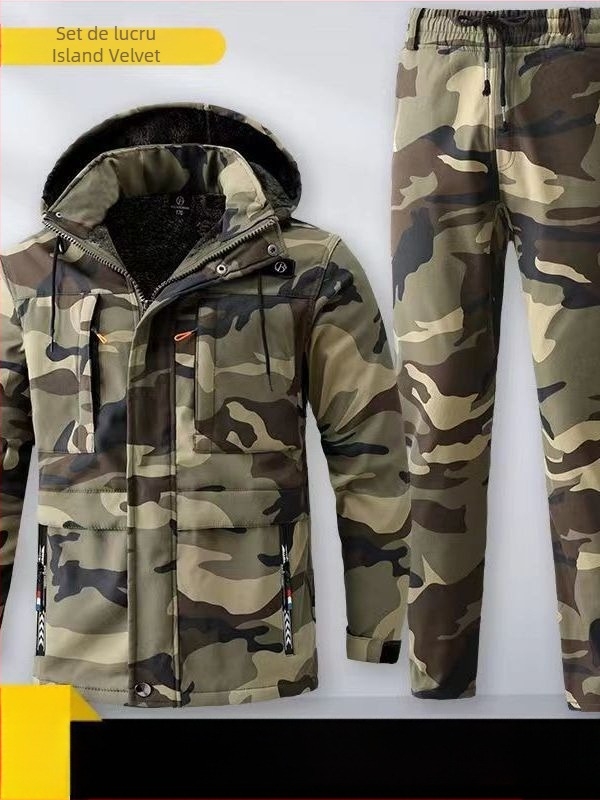 Costum de lucru camuflat, impermeabil de iarnă pentru bărbați, cu căptușeală de fleece, rezistent la rupere, țesătură din amestec de bumbac (90% poliester)