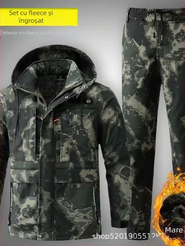 Costum de lucru camuflat, impermeabil de iarnă pentru bărbați, cu căptușeală de fleece, rezistent la rupere, țesătură din amestec de bumbac (90% poliester)