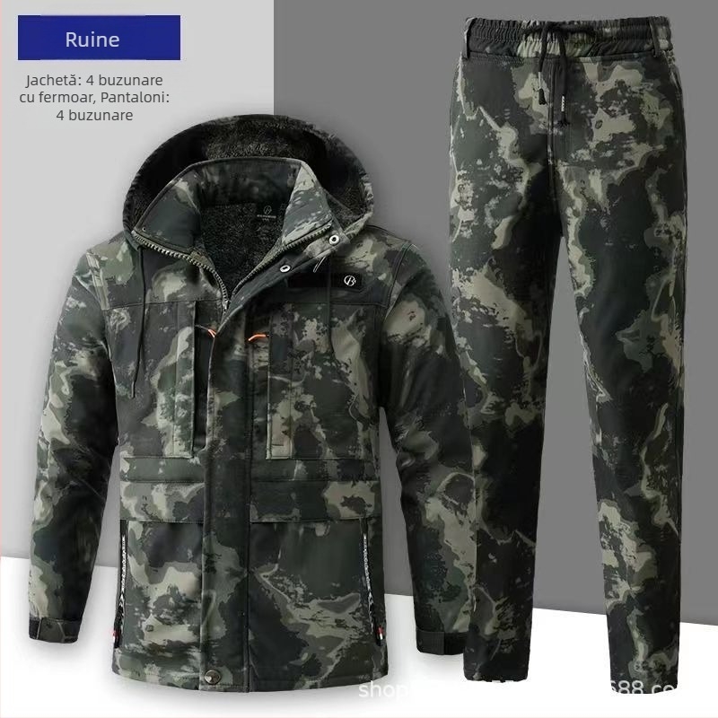 Costum de lucru camuflat, impermeabil de iarnă pentru bărbați, cu căptușeală de fleece, rezistent la rupere, țesătură din amestec de bumbac (90% poliester)