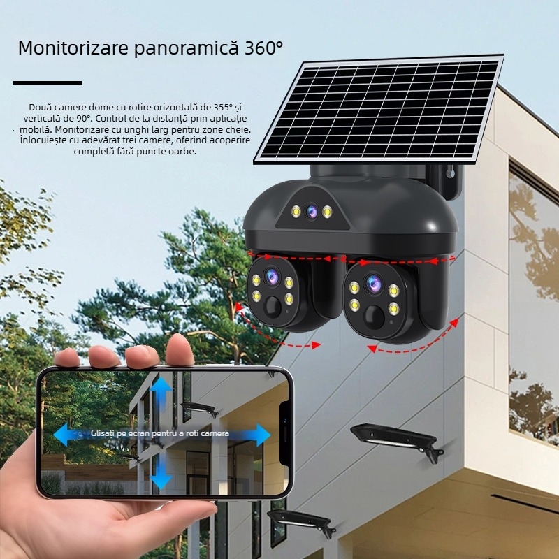 Cameră de securitate solară 5G, cu vizualizare panoramică 360° HD, iluminare minimă 0,00001 lux, SNR > 44 dB, potrivită pentru interior și exterior