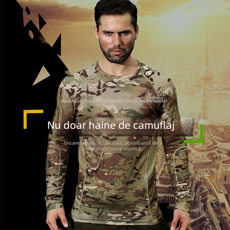 Tricou cu mâneci lungi camuflaj, uscare rapidă, material elastic – respirabil, protecție UV, rezistență la murdărire