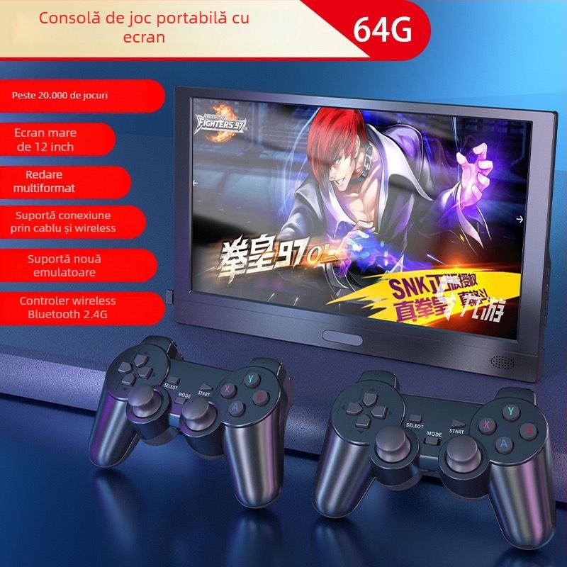 Consolă de jocuri pentru uz casnic cu ecran încorporat, controale wireless, 64 GB memorie, OS pe 16 biți, interfețe HDMI și USB-C, consolă arcade portabilă pentru doi jucători