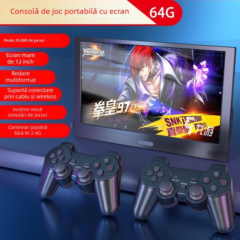 Consolă de jocuri pentru uz casnic cu ecran încorporat, controale wireless, 64 GB memorie, OS pe 16 biți, interfețe HDMI și USB-C, consolă arcade portabilă pentru doi jucători