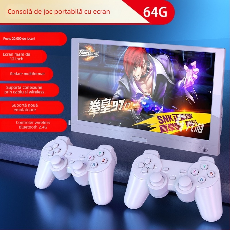 Consolă de jocuri pentru uz casnic cu ecran încorporat, controale wireless, 64 GB memorie, OS pe 16 biți, interfețe HDMI și USB-C, consolă arcade portabilă pentru doi jucători