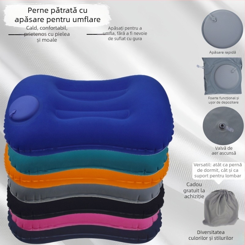 Pernă gonflabilă de călătorie, pliabilă, PVC, grosime 16 mm, pentru adulți