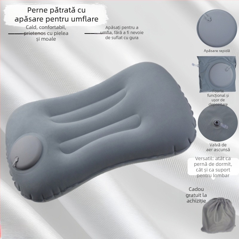 Pernă gonflabilă de călătorie, pliabilă, PVC, grosime 16 mm, pentru adulți