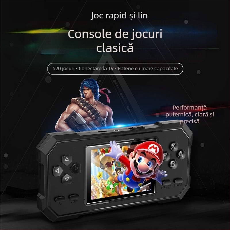 Consolă de jocuri portabilă retro cu 520 de jocuri încorporate, 2 jucători Contra, reîncărcabilă