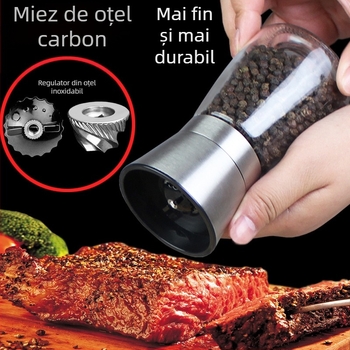 Măcinător manual de piper cu recipient de condimente din sticlă și mecanism din oțel carbon