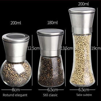 Măcinător manual de piper cu recipient de condimente din sticlă și mecanism din oțel carbon