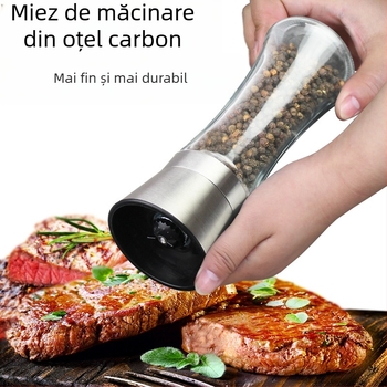 Măcinător manual de piper cu recipient de condimente din sticlă și mecanism din oțel carbon