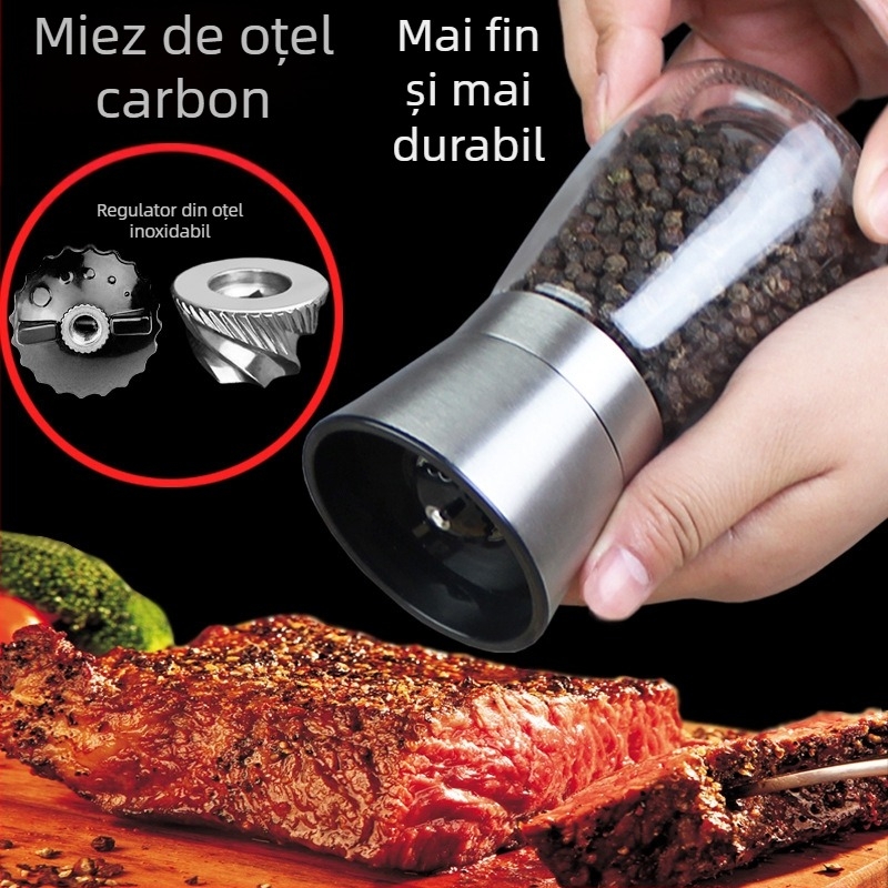 Măcinător manual de piper cu recipient de condimente din sticlă și mecanism din oțel carbon