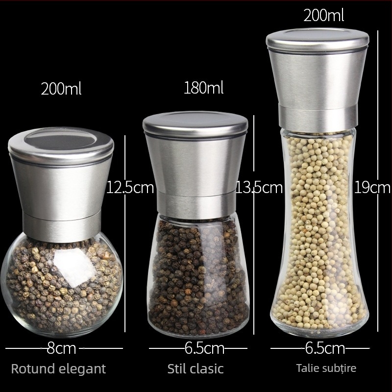 Măcinător manual de piper cu recipient de condimente din sticlă și mecanism din oțel carbon