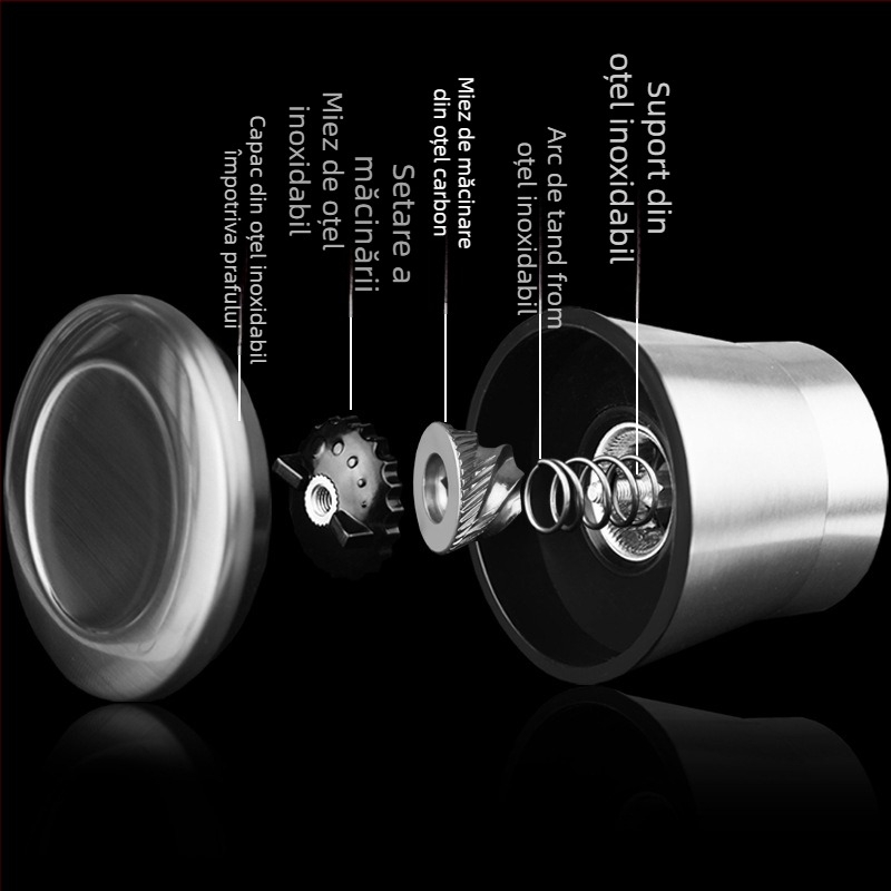 Măcinător manual de piper cu recipient de condimente din sticlă și mecanism din oțel carbon