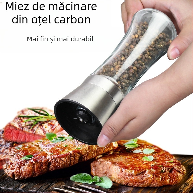 Măcinător manual de piper cu recipient de condimente din sticlă și mecanism din oțel carbon