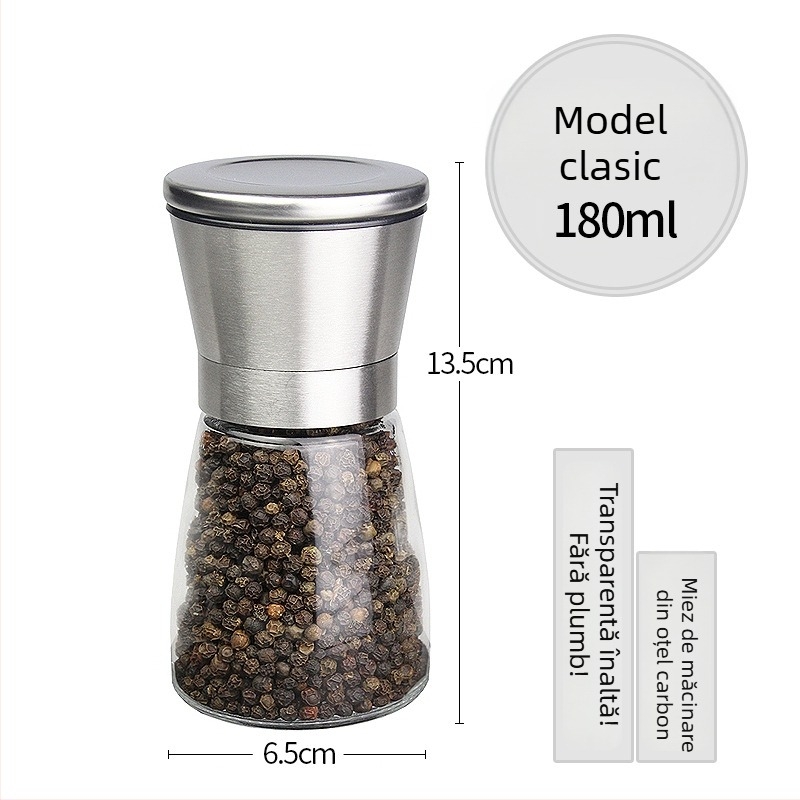 Măcinător manual de piper cu recipient de condimente din sticlă și mecanism din oțel carbon