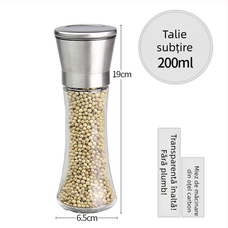Măcinător manual de piper cu recipient de condimente din sticlă și mecanism din oțel carbon