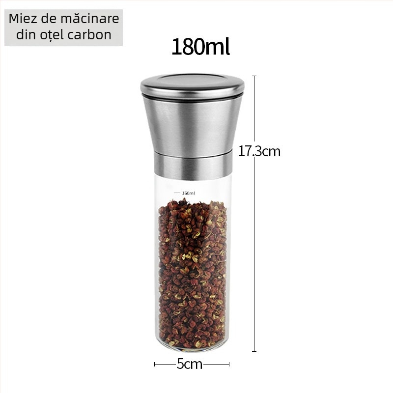 Măcinător manual de piper cu recipient de condimente din sticlă și mecanism din oțel carbon
