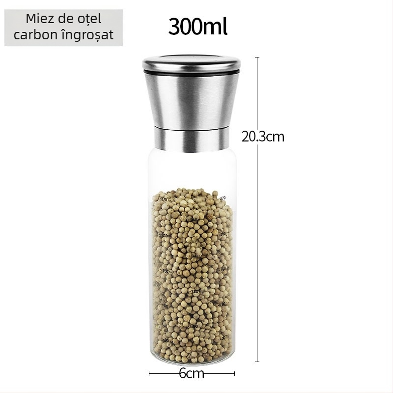 Măcinător manual de piper cu recipient de condimente din sticlă și mecanism din oțel carbon