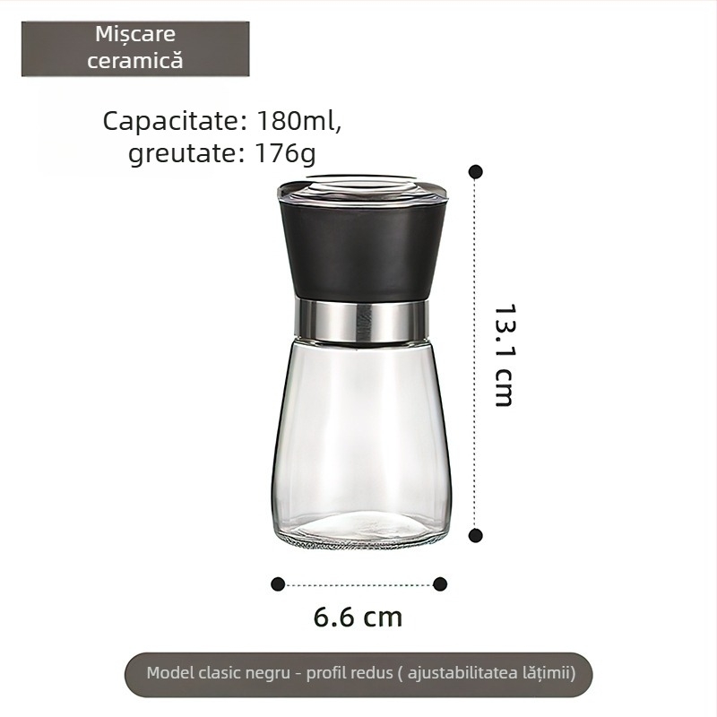 Măcinător manual de piper cu recipient de condimente din sticlă și mecanism din oțel carbon