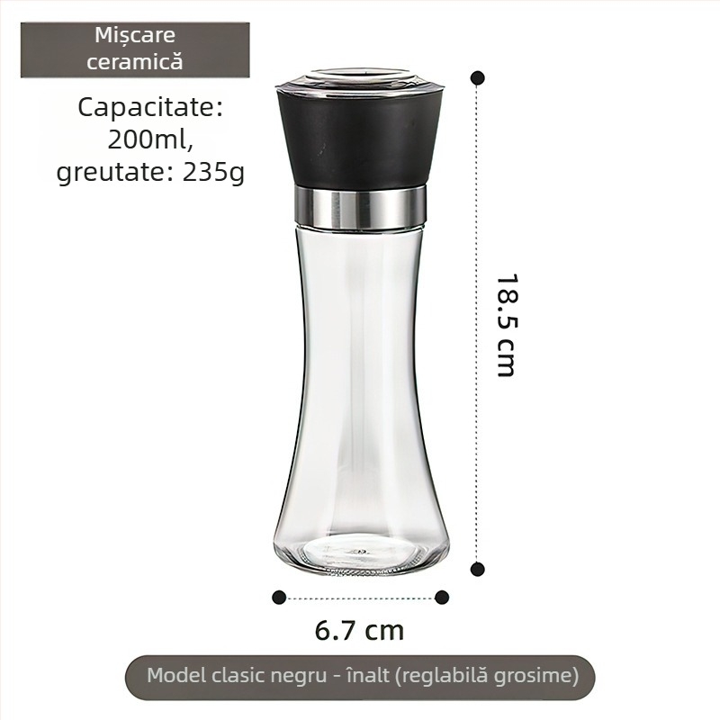 Măcinător manual de piper cu recipient de condimente din sticlă și mecanism din oțel carbon