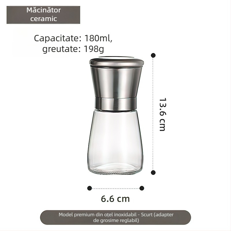 Măcinător manual de piper cu recipient de condimente din sticlă și mecanism din oțel carbon