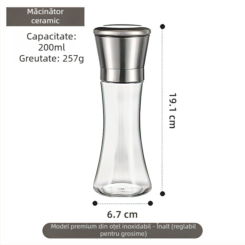 Măcinător manual de piper cu recipient de condimente din sticlă și mecanism din oțel carbon