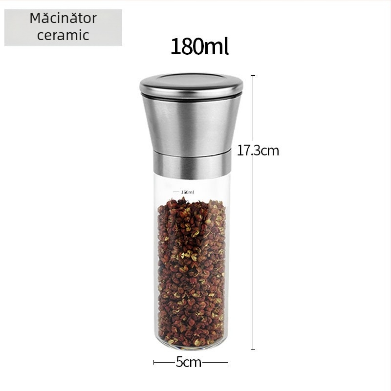 Măcinător manual de piper cu recipient de condimente din sticlă și mecanism din oțel carbon