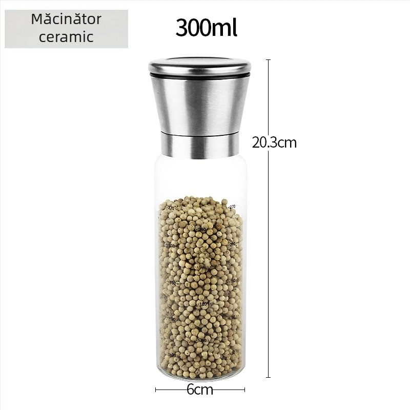 Măcinător manual de piper cu recipient de condimente din sticlă și mecanism din oțel carbon