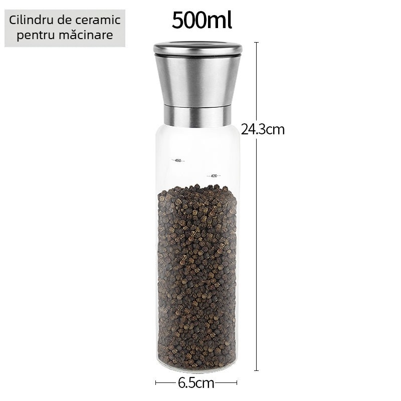 Măcinător manual de piper cu recipient de condimente din sticlă și mecanism din oțel carbon