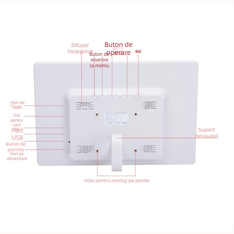 Ramă foto digitală HD cu temporizator pornire/opriune, afișaj 1280x800, suport carduri MS/SD/TF/MMC, redare muzică și videoclipuri, imprimare logo OEM