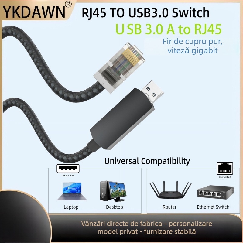 Cablu de rețea USB 3.0 la RJ45 cu carcasă din aliaj de aluminiu și cablu OFC împletit, Gigabit Ethernet (10/100/1000 Mbps), lungimi 2/5/10 m, compatibil cu orice sistem