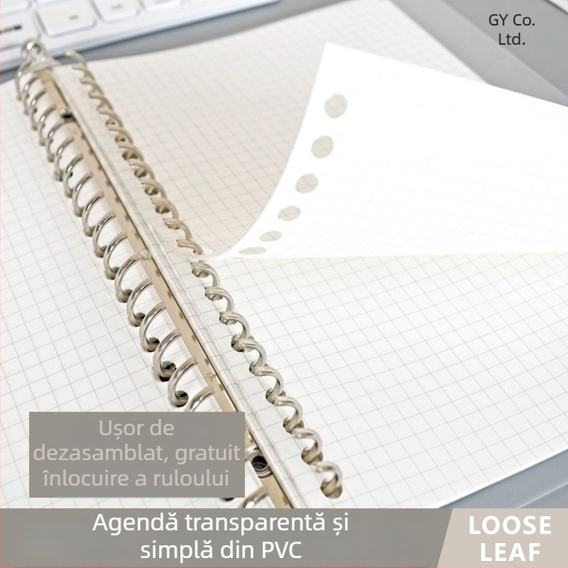 Binder transparent din PP pentru foi cu găuri, formate A5/B5/A4, capacitate mare, 60 de foi, găuri 20/26/30, cu inserții înlocuibile