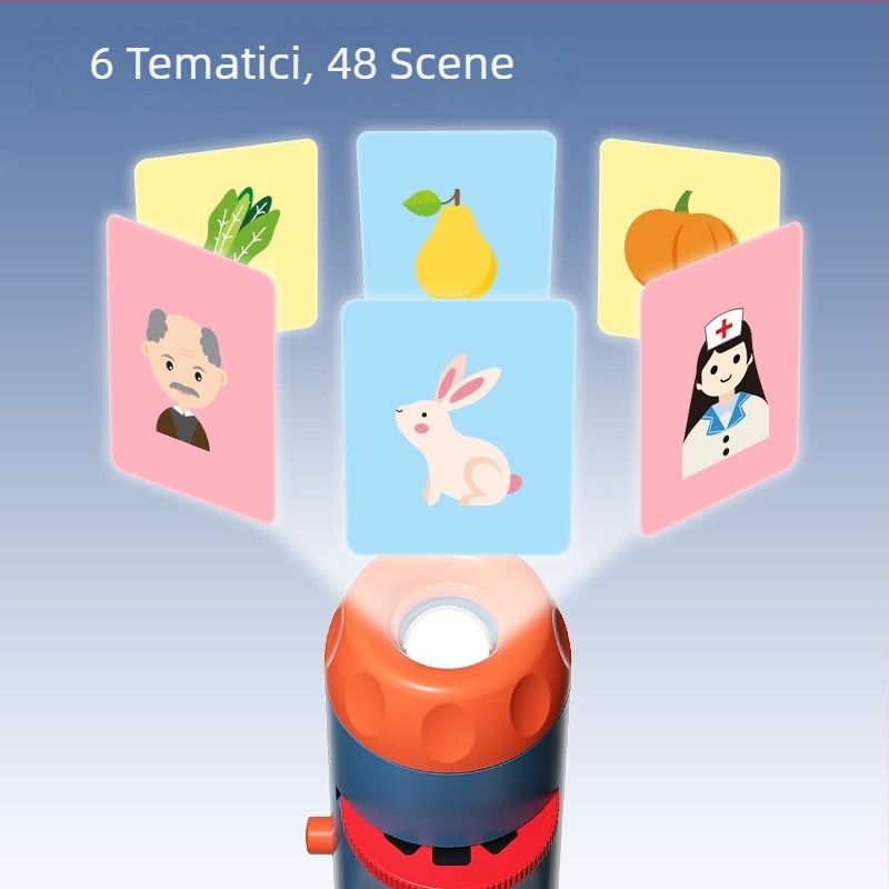 Jucărie proiectoare-lampă pentru educație timpurie, cu slide-uri pentru recunoașterea imaginilor și proiecție luminoasă; potrivită pentru copiii 4–6 ani.