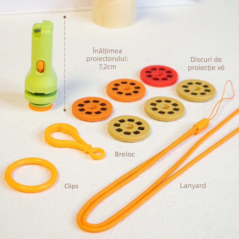 Jucărie proiectoare-lampă pentru educație timpurie, cu slide-uri pentru recunoașterea imaginilor și proiecție luminoasă; potrivită pentru copiii 4–6 ani.