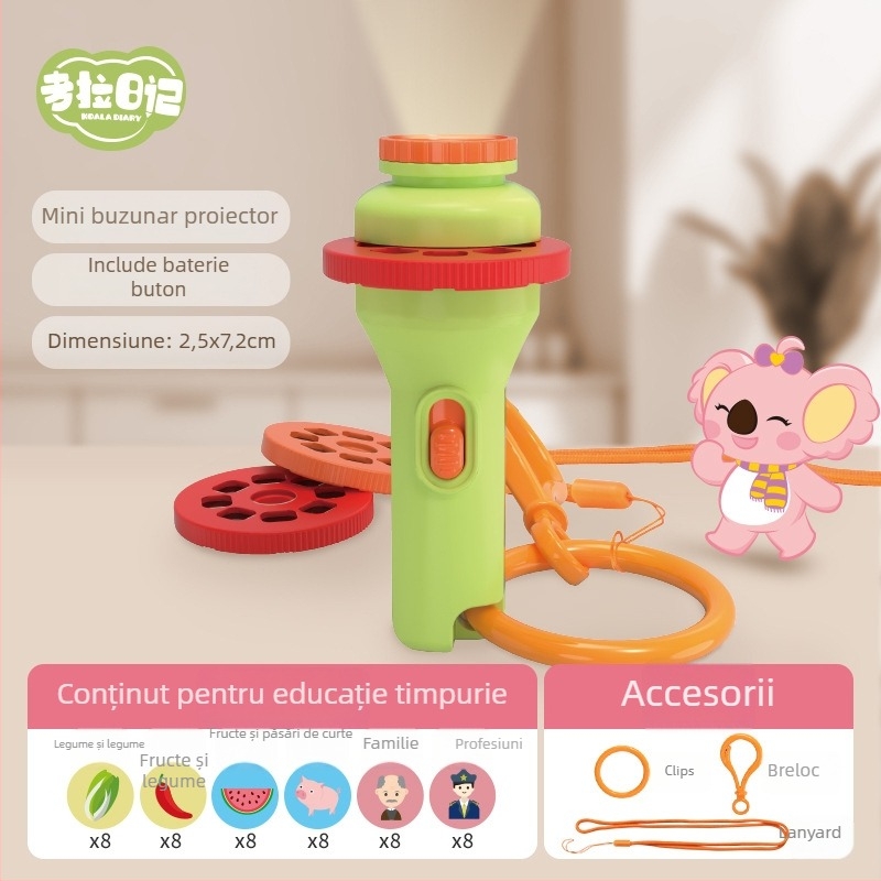 Jucărie proiectoare-lampă pentru educație timpurie, cu slide-uri pentru recunoașterea imaginilor și proiecție luminoasă; potrivită pentru copiii 4–6 ani.