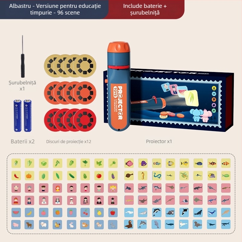 Jucărie proiectoare-lampă pentru educație timpurie, cu slide-uri pentru recunoașterea imaginilor și proiecție luminoasă; potrivită pentru copiii 4–6 ani.