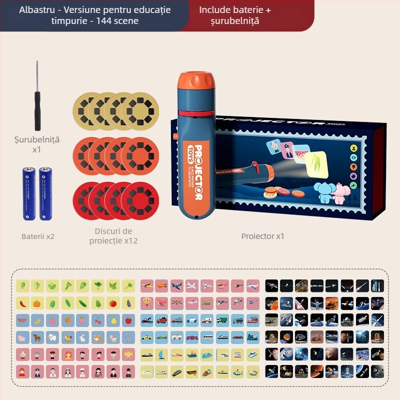 Jucărie proiectoare-lampă pentru educație timpurie, cu slide-uri pentru recunoașterea imaginilor și proiecție luminoasă; potrivită pentru copiii 4–6 ani.