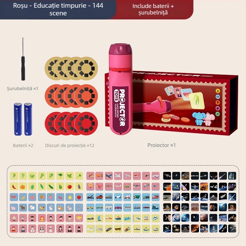 Jucărie proiectoare-lampă pentru educație timpurie, cu slide-uri pentru recunoașterea imaginilor și proiecție luminoasă; potrivită pentru copiii 4–6 ani.