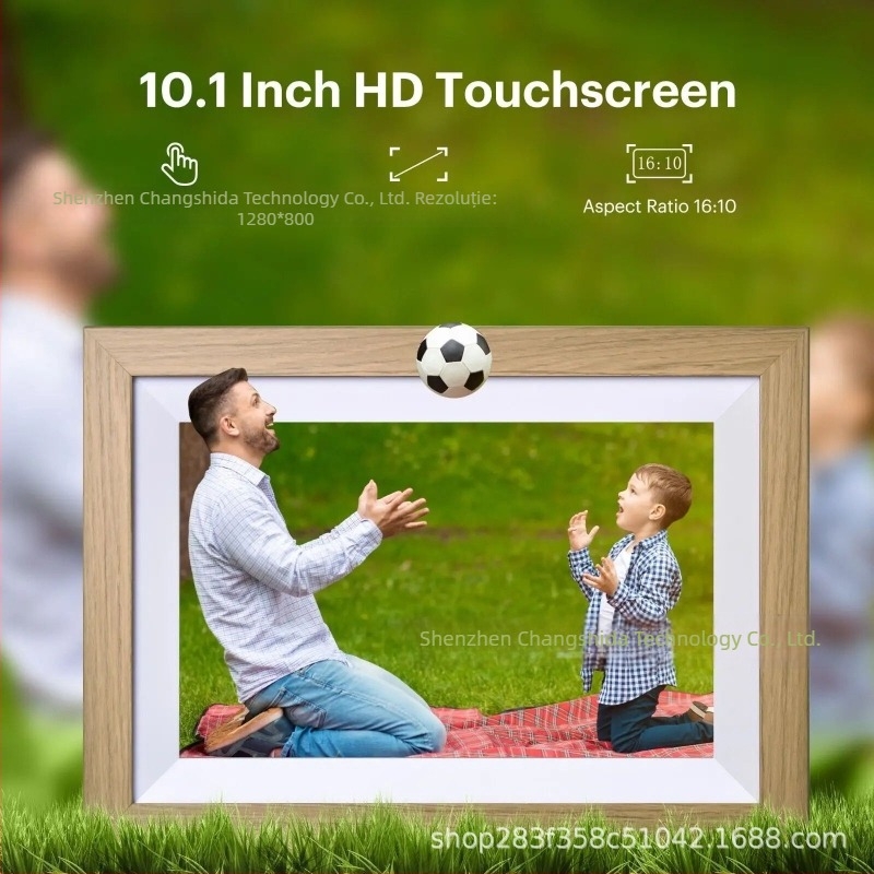 Fotorama digitală cu Wi-Fi și control prin aplicație mobilă, ecran 1280x800, 32 GB stocare, suport SD, formate JPEG/PNG/JPG, redare muzică și video