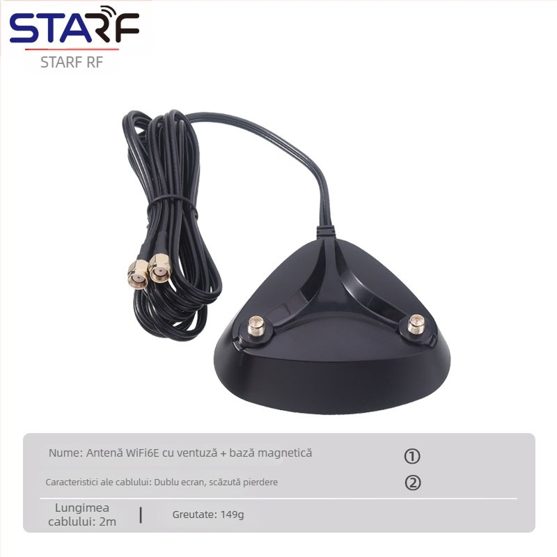 Antena pliabilă WiFi 6E dual-band 2.4G/5G pentru router/carte de rețea, omnidirecțională, interfață SMA (RP-SMA masculin), cablu de 2 m