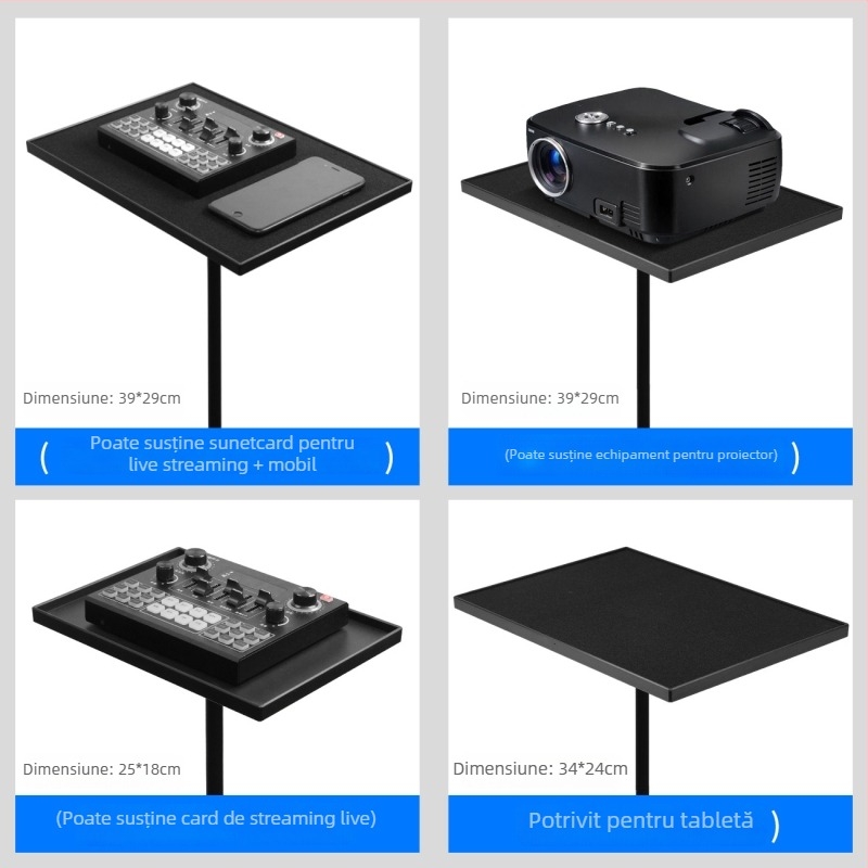Suport metalic pentru proiector cu tavă universală, bază de podea telescopică, adaptor pentru trepied și raft de depozitare pentru proiector