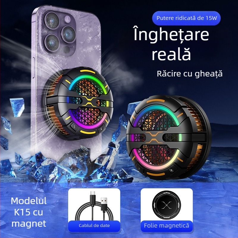 Radiator magnetic pentru jocuri, pentru telefon și tabletă K15, 3 viteze, 15W, ~120 g, USB-C, ABS+PC/aluminiu