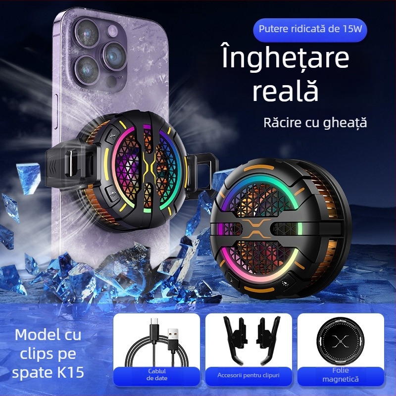 Radiator magnetic pentru jocuri, pentru telefon și tabletă K15, 3 viteze, 15W, ~120 g, USB-C, ABS+PC/aluminiu