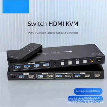 Comutator KVM pentru patru PC-uri cu HDMI și DP, 8K@60Hz, cabluri de 5 m, trezire la distanță